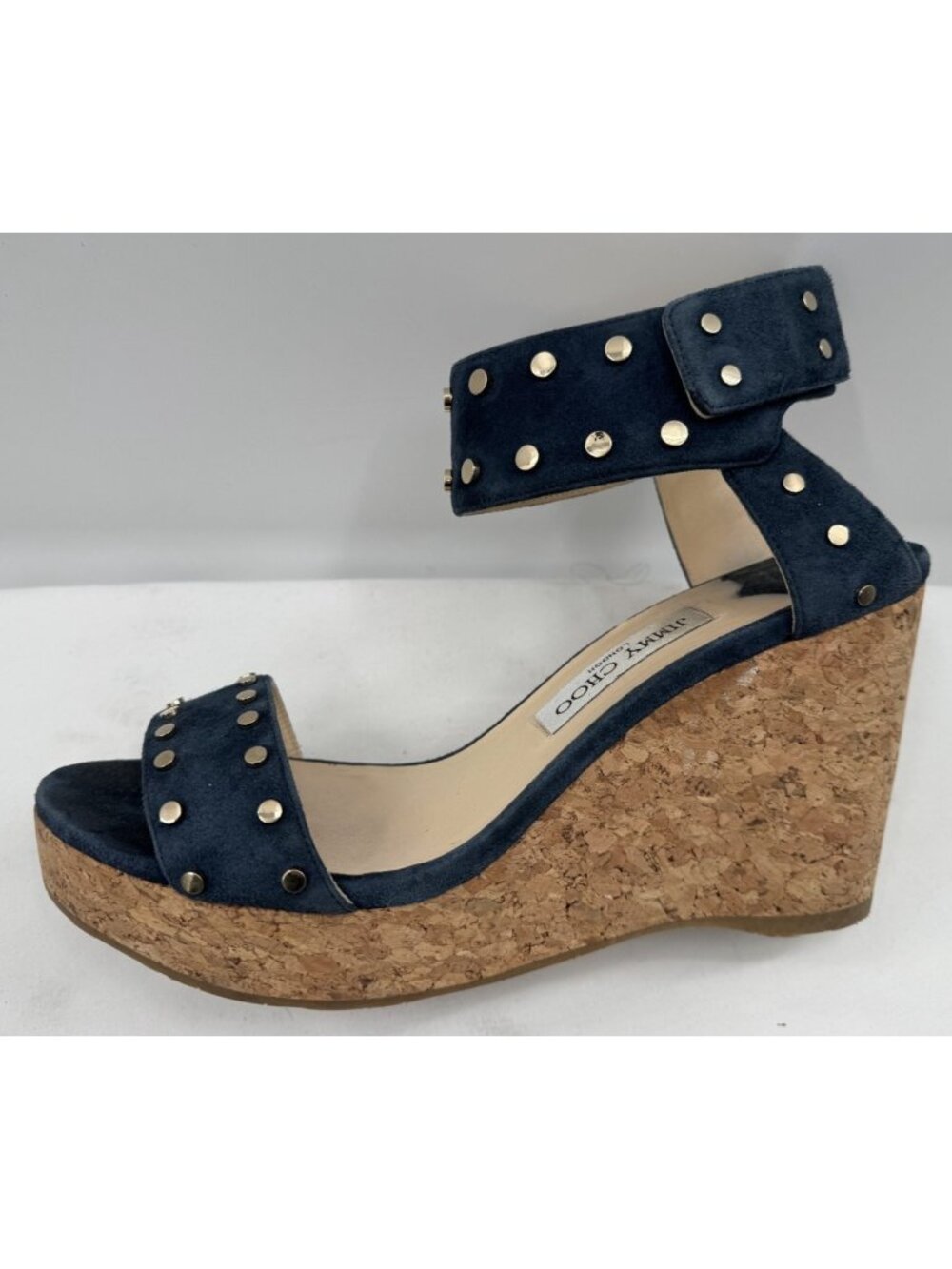 JIMMY CHOO Dark Navy Suede Studded Cork Nelly Wedge Sandals Heels Shoes Sz 41.5 - Picture 13 of 16